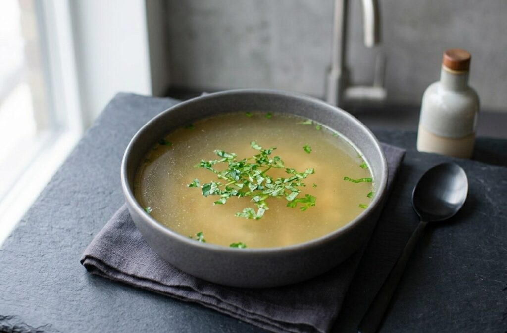Chicken Soup Bowl of chicken broth with herbs