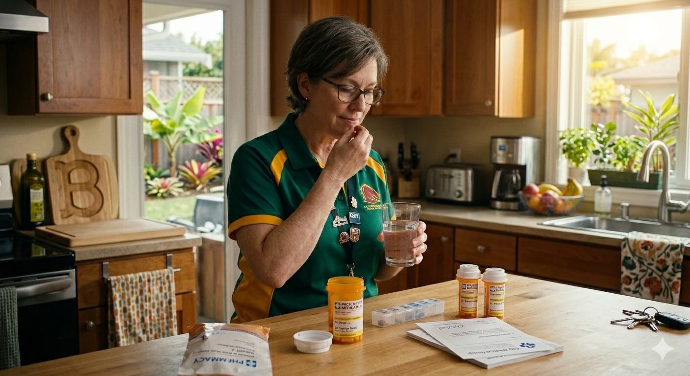 Medication Woman taking medication in kitchen