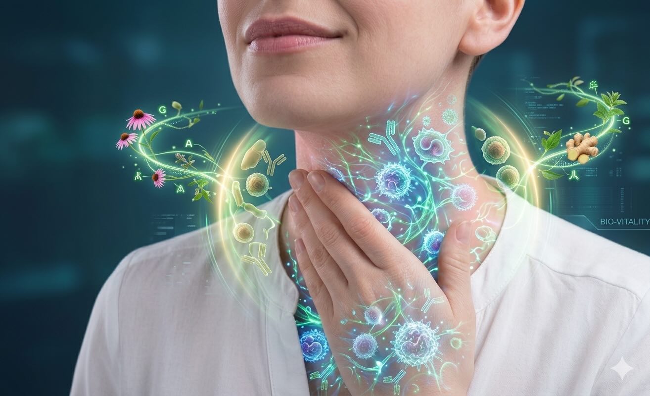 Woman touching throat with digital graphics