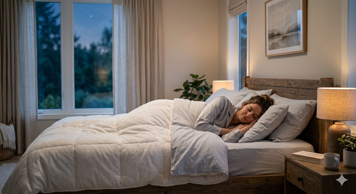 Woman peacefully sleeping in bedroom.
